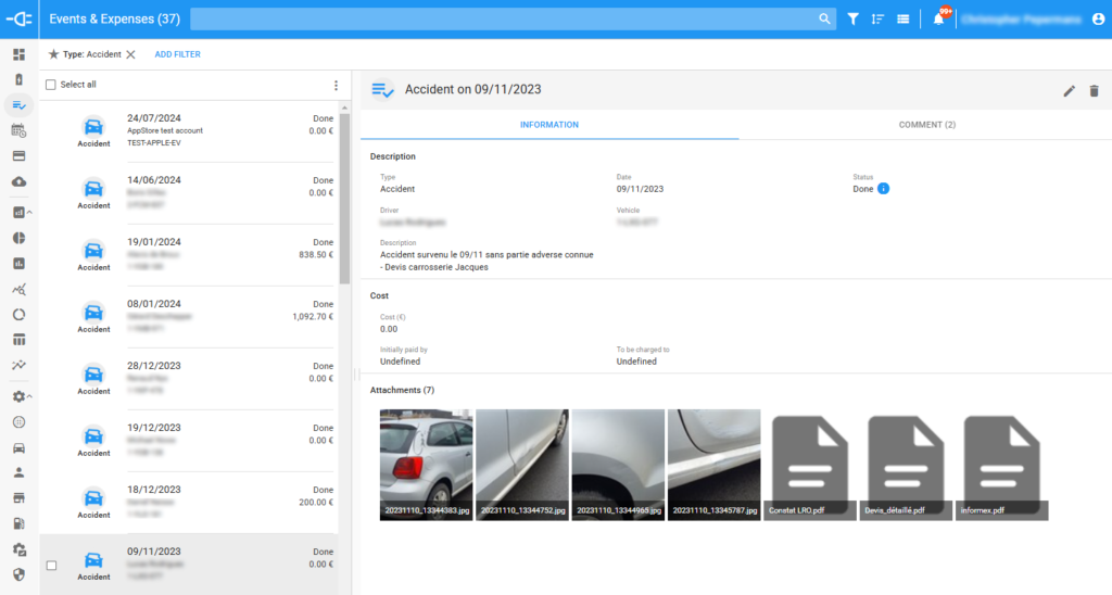 NEOFLEET event : accident report by drivers