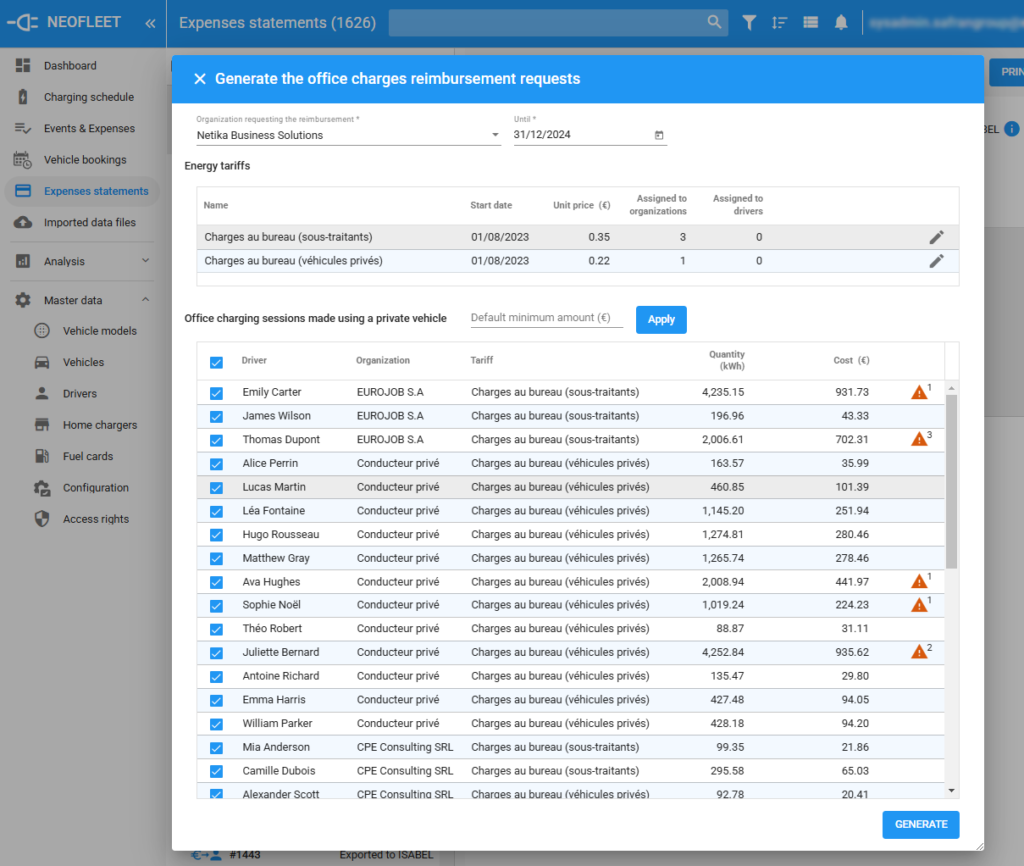 Generate a proposal to request charge reimbursement to employee or external users (suppliers, freelances, etc.)